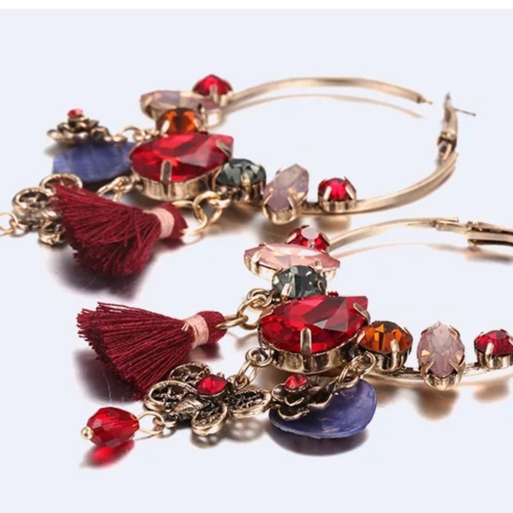 Ruby Red Crystal Rhinestone Tassle Hoops - Picture 2 of 2